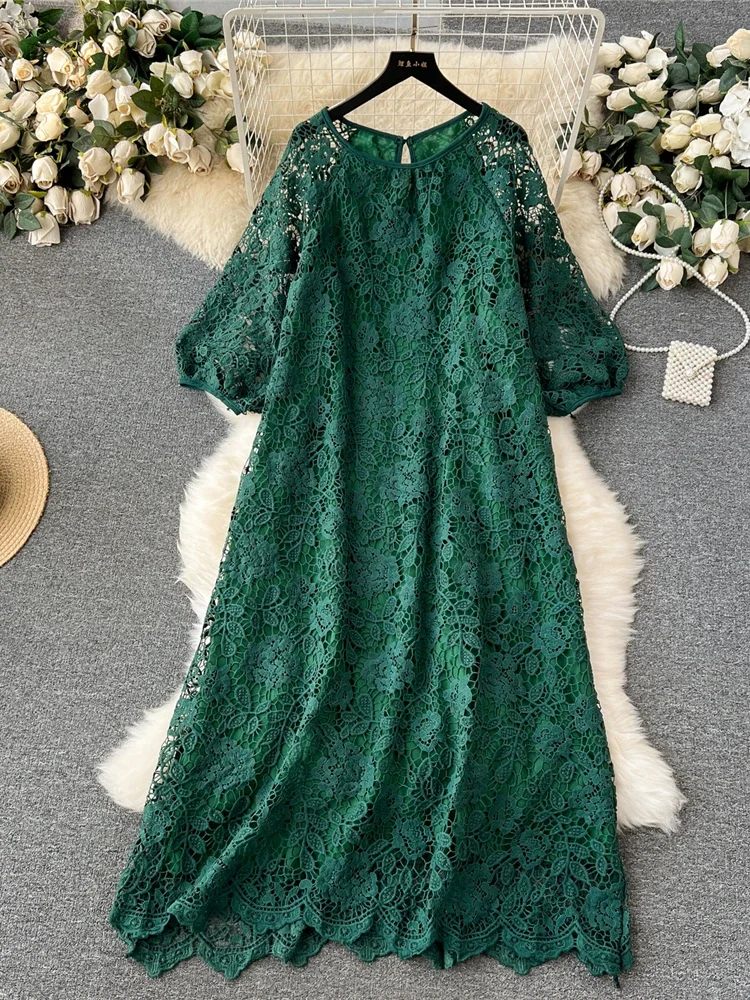 Red/Blue/Green/White Hollow Out Lace Party Long Dress Vintage O-Neck Puff Sleeve Loose Maxi Vestidos Female Sprring Autumn New