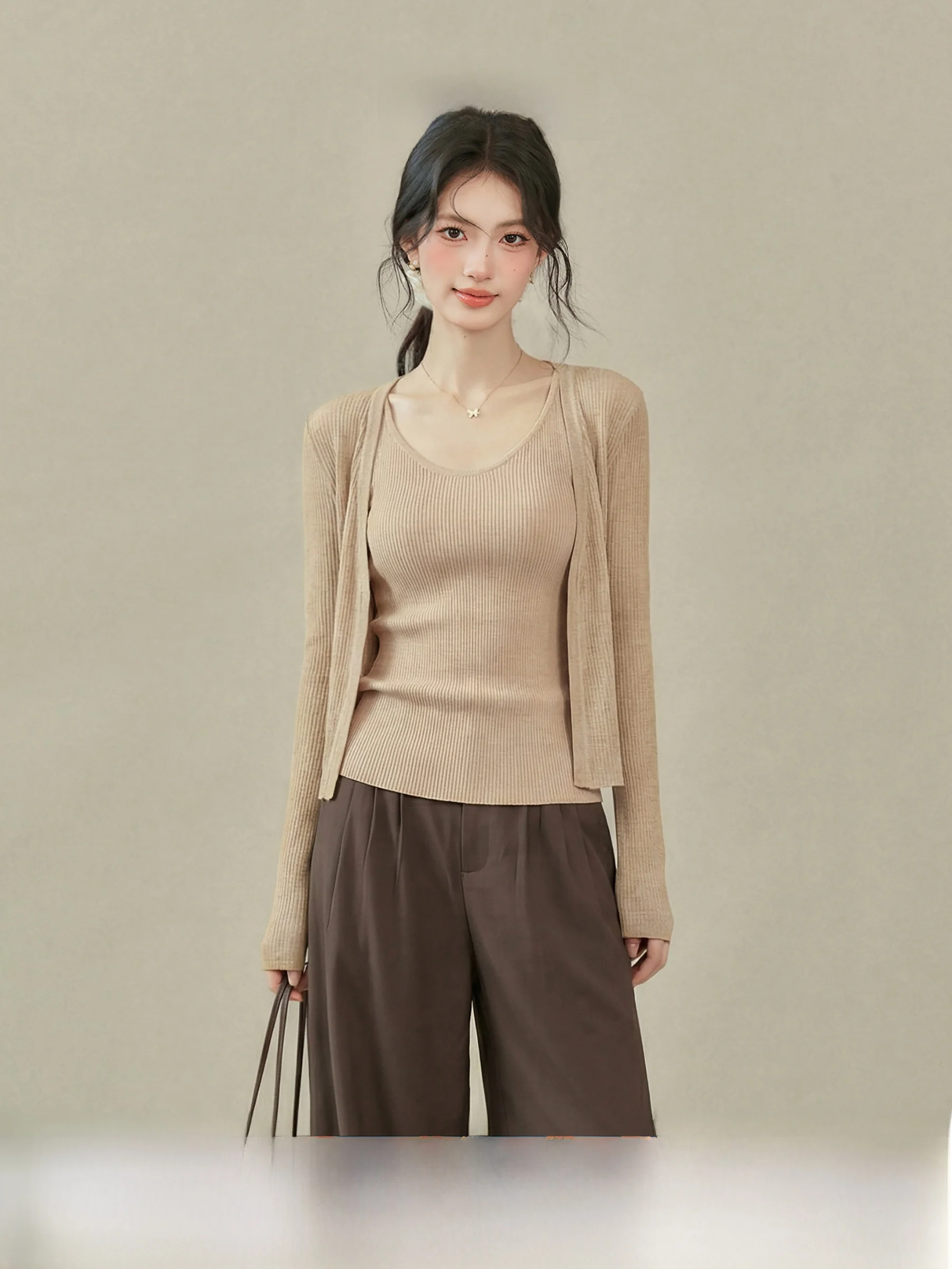 

Kaki Knitted Open Cardigan Women's Long Sleeve Outerwear Top with Strap Vest Set by Youangxi Spring Summer Slim Fit Style