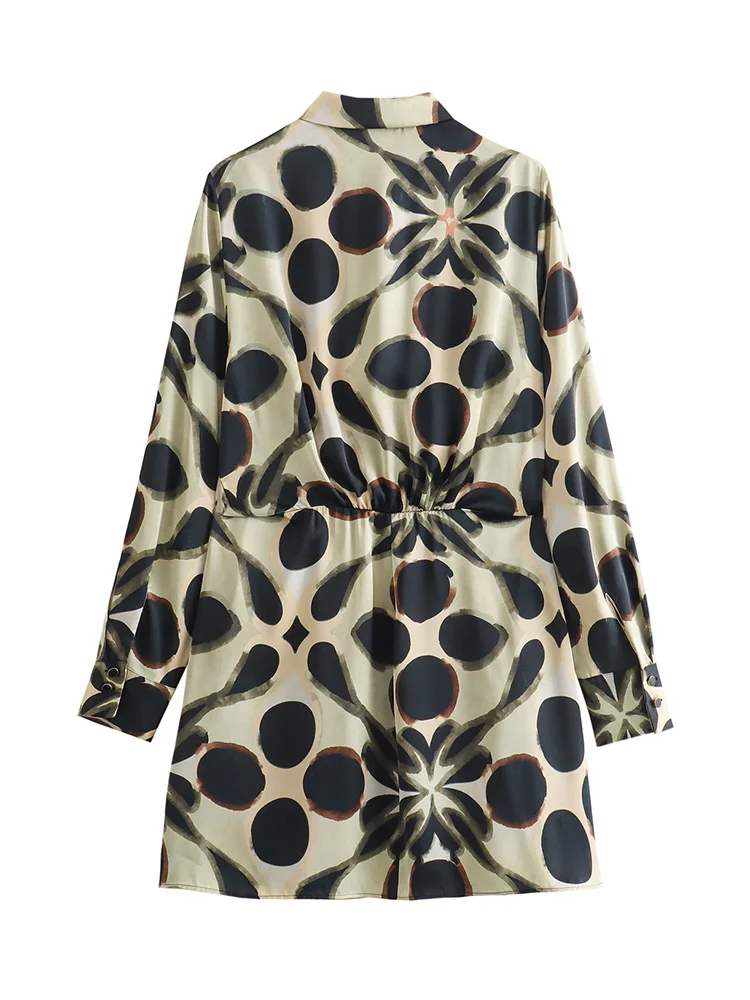 Robes courtes pour femme 2024 mode vintage imprimé géométrique robe en satin col à revers à manches longues bureau robe chemise élégante