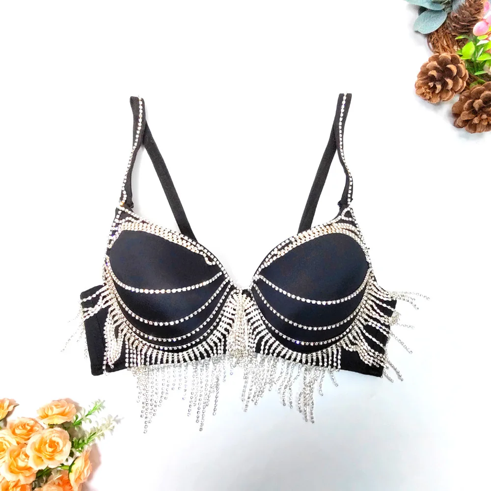 Sexy French Triangle Cup Push Up Bra - Underwire Corset Bustier with Rhinestones & Metal Fringe, Backless Tube Top for Women