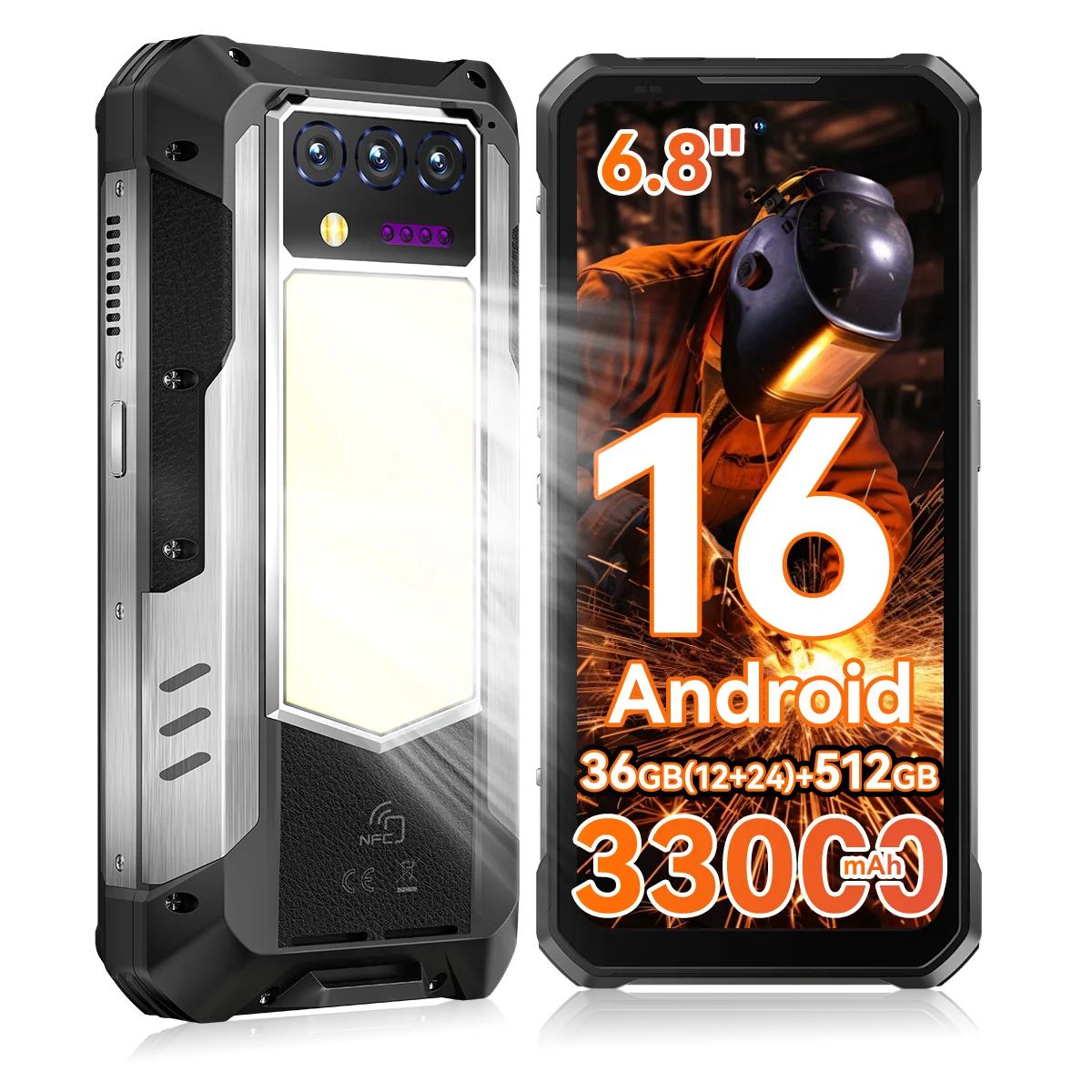 Robuuste smartphone OUKITEL WP100 Plus, eSIM Chip 36GB (12+24) + 512GB, 6,8-inch 120Hz-scherm, campinglantaarn, 33000mAh-batterij, 66W snelopladen, camera's 64MP+20MP+2MP, Android 16, NFC, Gemini AI