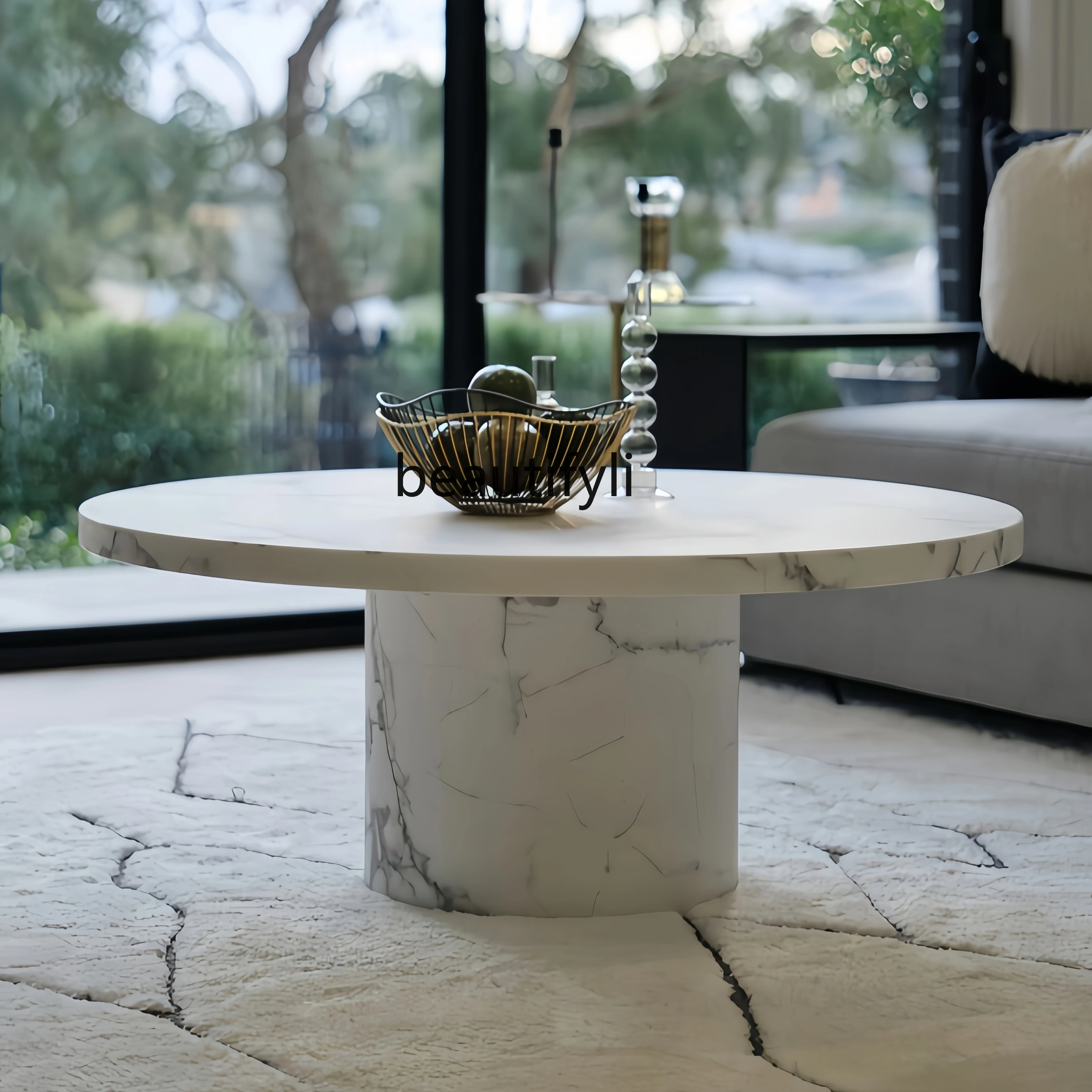 

French marble coffee table cream style retro living room big flower white round coffee table