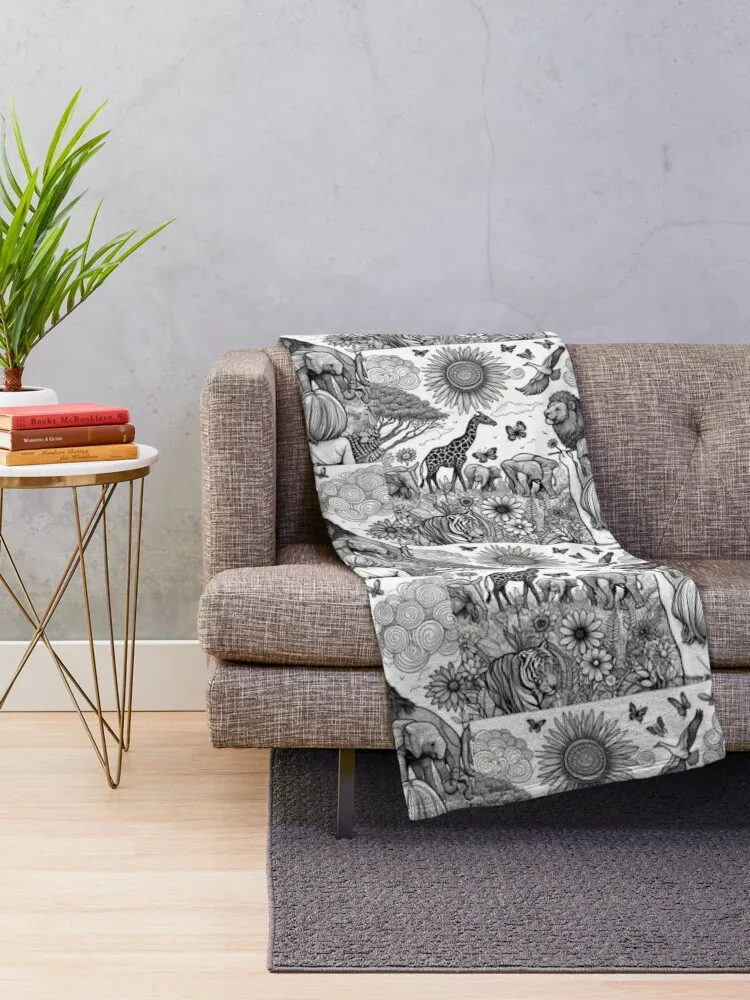 Animal Kingdom Diverse Wildlife Line Art Throw Blanket Comforter Hair bed plaid Luxury Designer Blankets