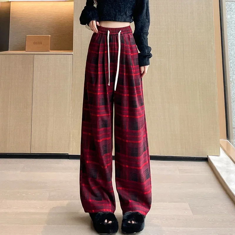 2024 Spring and Autumn New Retro Matte Checkered Pants Loose and Slim High Waist Straight Leg Pants Women's Casual Pants