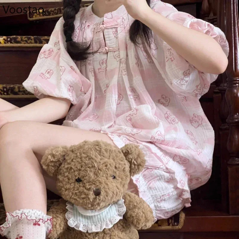 

Kawaii Lolita Style Bunny Print Pajamas Set Girly Cute Short Sleeve Tops Shorts Suit Women Casual Princess Homewear Pijam CXJN68