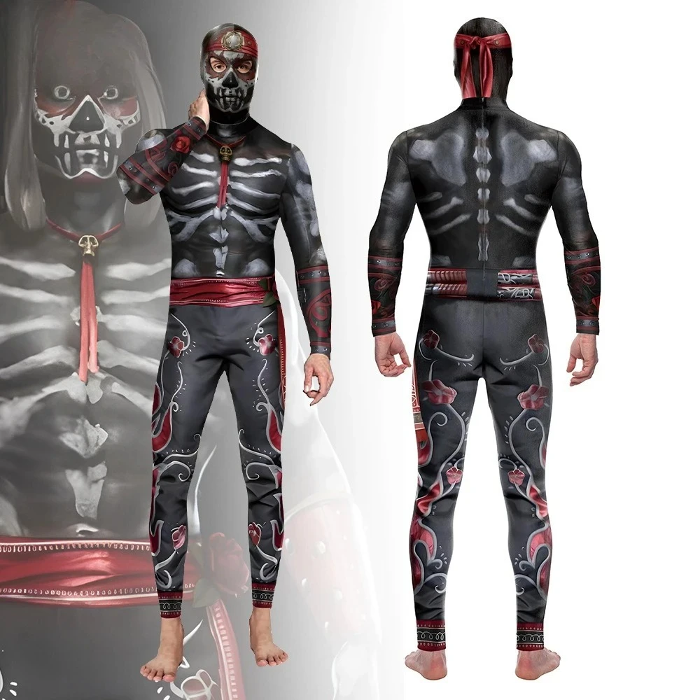 

Halloween New Game Role Cos Playing Suit Skeleton Digital Printing Onesie + Headgear Tights