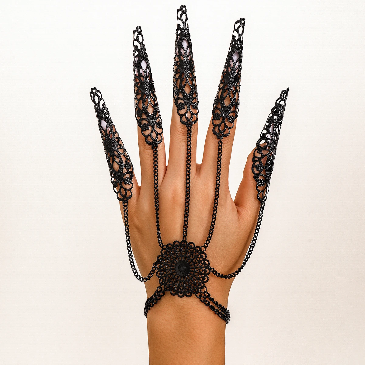 Exaggerated Dubai Black Connecting Finger Chain Bracelet for Women Goth Nail Rings Bangles Belly Dancer Halloween Hand Jewelry