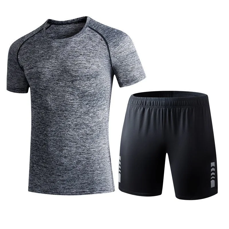 

2023 Fitness suit men's ice silk quick drying sportswear set summer short sleeved T-shirt gym running basketball training shorts