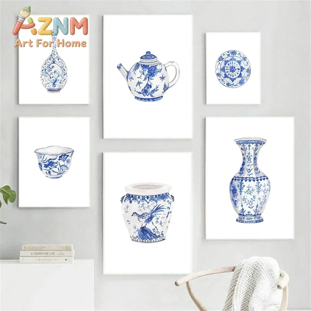 AZNM Blue and White Porcelain Canvas Wall Art Chinese Antique Vase Watercolor Chinoiserie Art Print Unframed Canvas Poster for H