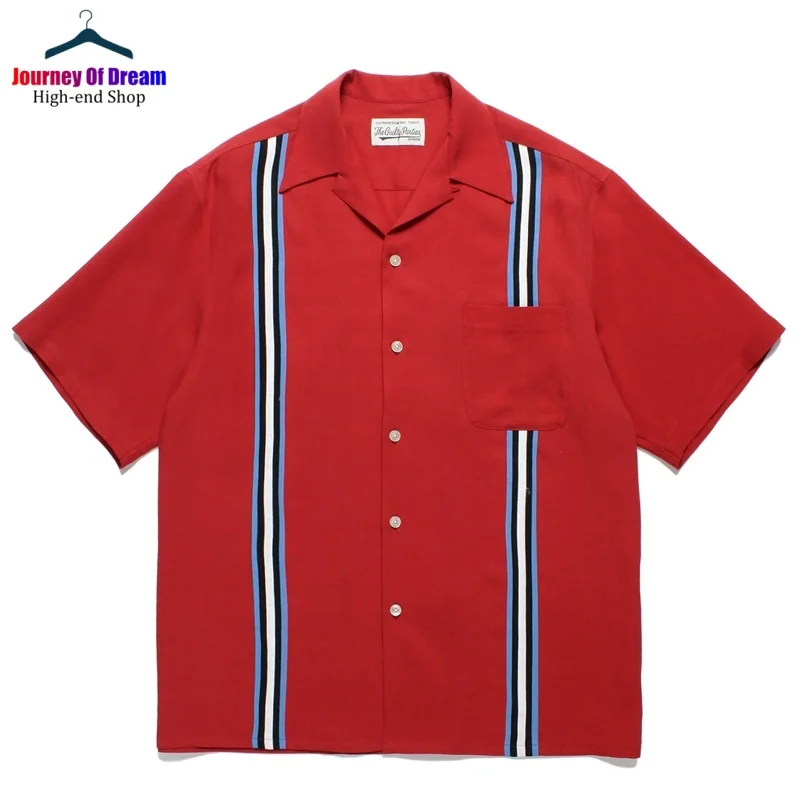 

Summer 24SS Best Quality WACKO MARIA Mens Womens Striped Tape Colorblocked Cuban Neck Hawaiian Short Sleeve Shirt