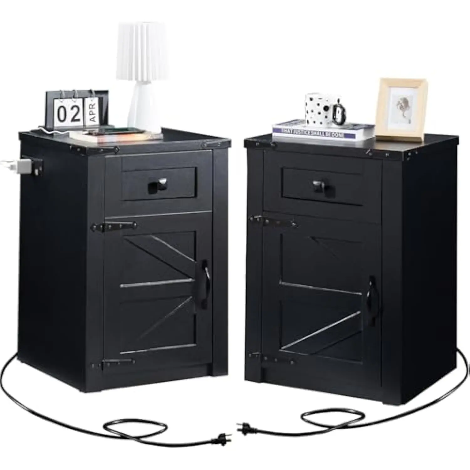 

Nightstands Set of 2, Nightstand with Charging Station, Farmhouse End Table with Barn Door and Drawer, Rustic Wood Sofa Side t