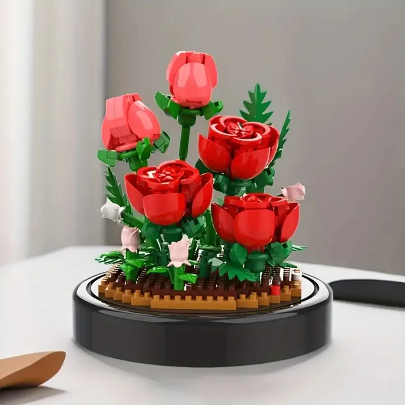 

3D букет роз, вечная цветочная композиция, маленькие кирпичные строительные блоки, смешанные цвета из АБС-пластика, декор стола и офиса, рождественский подарок