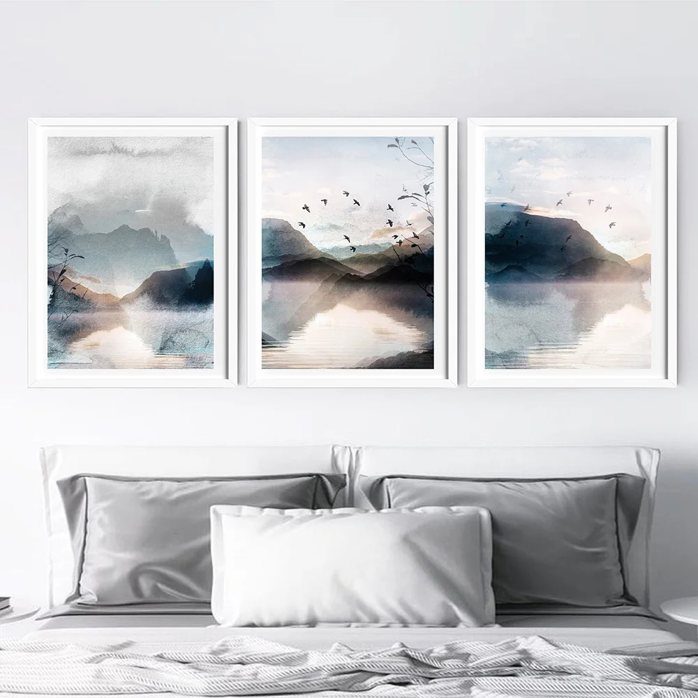 Modern Abstract Blue Watercolour Landscape Mountain Wall Art Canvas Painting Nordic Poster Print Wall Picture Living Room Decor