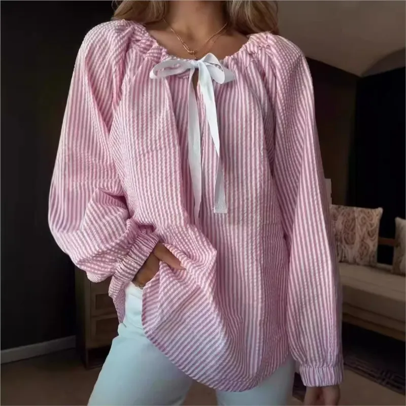 2025 outono e inverno novo estilo camisa feminina elegante e casual viajando chiffon camisa listrado rendas de manga comprida topo