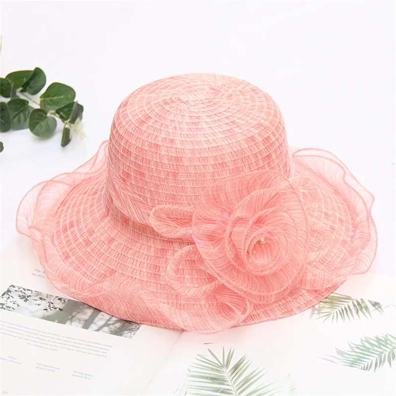 2023 New Summer Organza Fascinator Hat For Women Wedding Church Party Hats Ladies Elegant Flower Charming Mesh Wide Brim Sun Hat