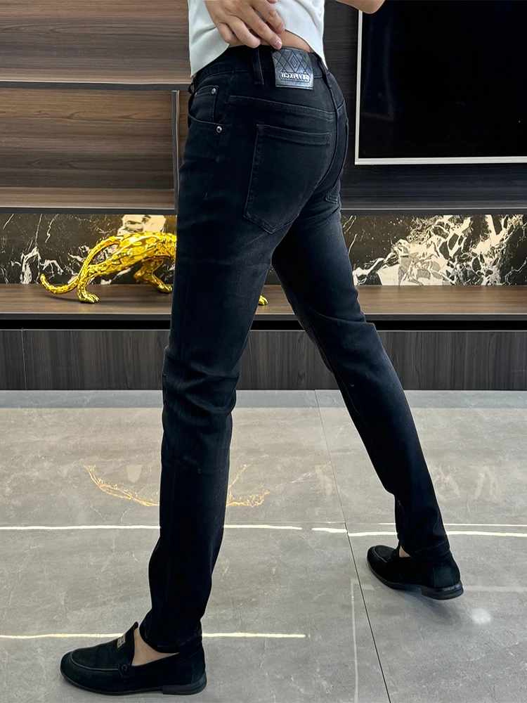 Black Embroidered Slim Fit Men's Jeans Fashionable Business Casual Pants Autumn Winter Trendy Lightweight Cotton Polyester Blend