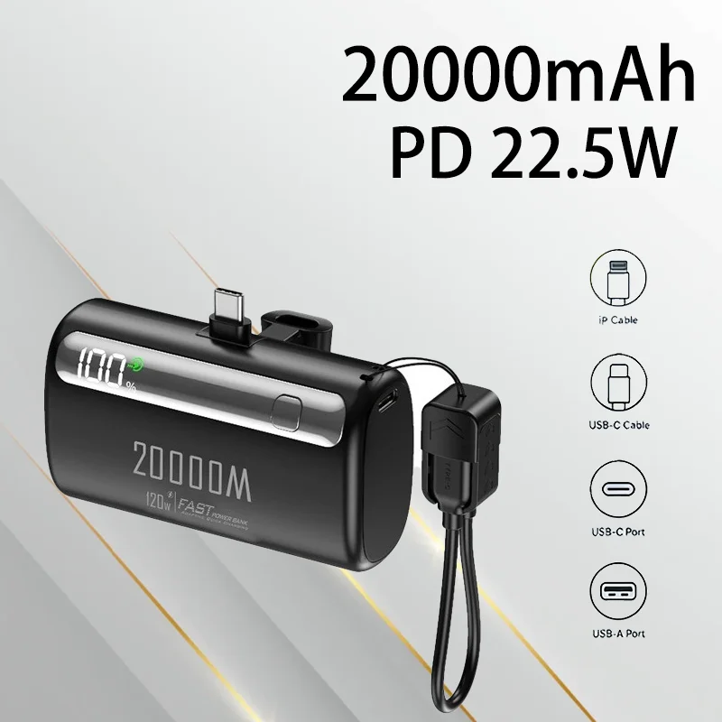 

22.5W Fast Charging 20000mAh Plug in Power Bank with Built in Cable Portable Emergency Mobile Power Supply Ideal for Camping