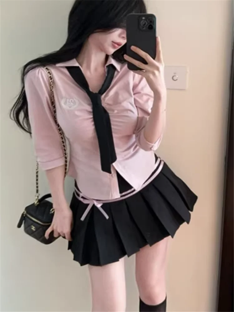 

Розовый Синий Костюмы Y2k в студенческом стиле JK Девушки Рубашка с короткими рукавами из 2 предметов с галстуком и бантом Плиссированные мини-юбки Комплекты одинаковых нарядов