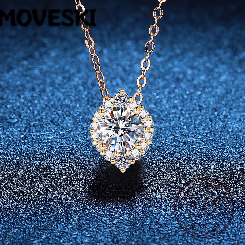 

MOVESKI 925 Sterling Silver 1CT Moissanite Heart Halo Pendant Necklace, Champagne Gold Plated Dainty Jewelry for Women