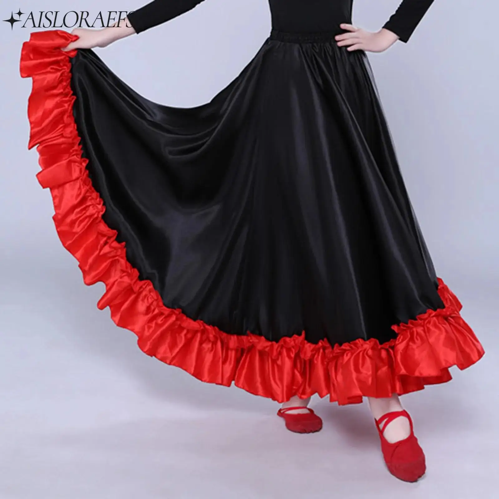 Womens Spanish Flamenco Ballroom Jazz Lyrical Mexican Flamenco Full Circle Performance Skirt Big Swing Long Skirts