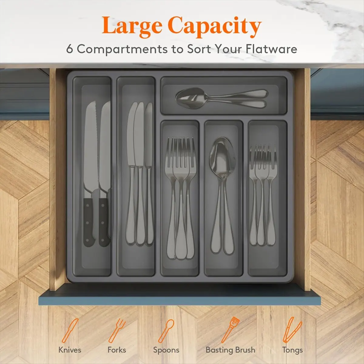 

[CLOS] Silverware Organizer with Lid,Covered Utensil Tray for Kitchen Drawer and Countertop, Plastic Cutlery and Flatware Gray
