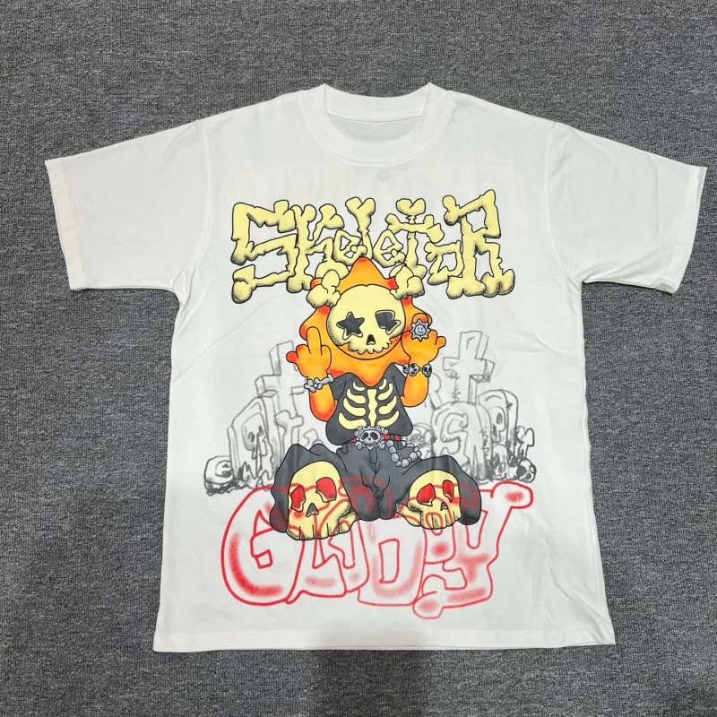 Y2K Hip Hop T-Shirt Double Sided Skeleton Sun Graffiti Print GloGang Letter Oversized Streetwear Tee