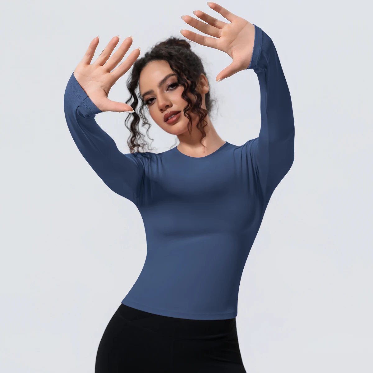 1 Stück Schlankes Casual Sommer Yoga Langarm-Oberteil für Damen, Fitness-Sport-Laufshirt mit Schnelltrocknung, Einfarbiges Trainingsshirt – Detail 23