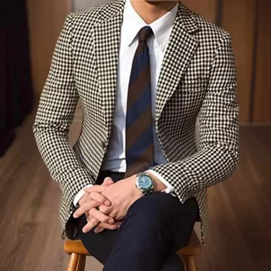 Slim Fit Casual Houndstooth Men's Blazer Wedding Business Man Suit Jacket Notch Lapel 1 PCS Check Wedding Coat for Prom Party