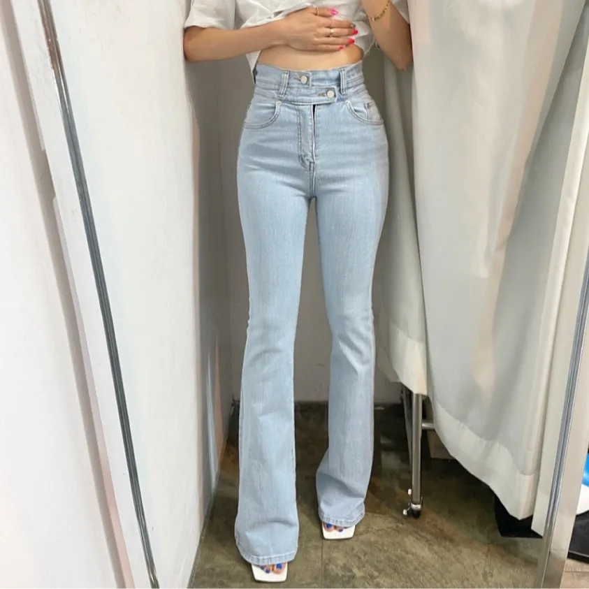 

High Waist Wide Leg Jeans Comfortable to Wear Straightening Effect Casual Style Long Pants Blue Cotton 100% No Stretch