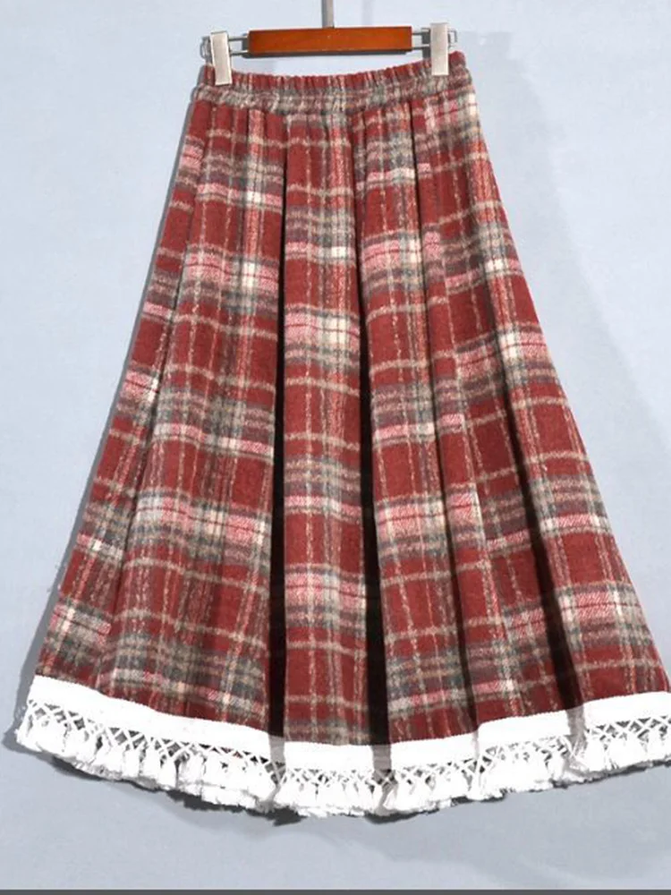 인조 울 레드 체크 롱 스커트 여성 하이웨이스트 빈티지 스위트 스커트 캐주얼 한국 가을 겨울 소프트 프레피 스타일 롱 스커트
