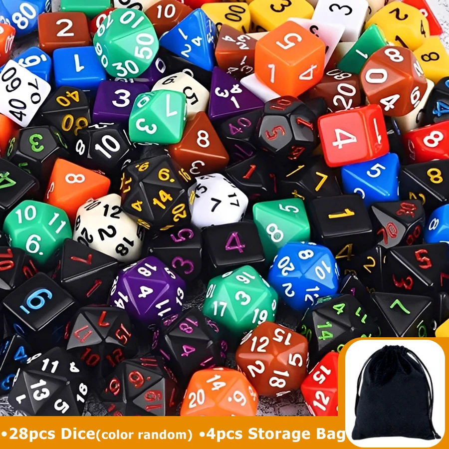 

28pcs Polyhedral Dice Set & 4pcs Black Storage Bag Color Number Polyhedra Dice RPG D&D Role-playing Games Accessories