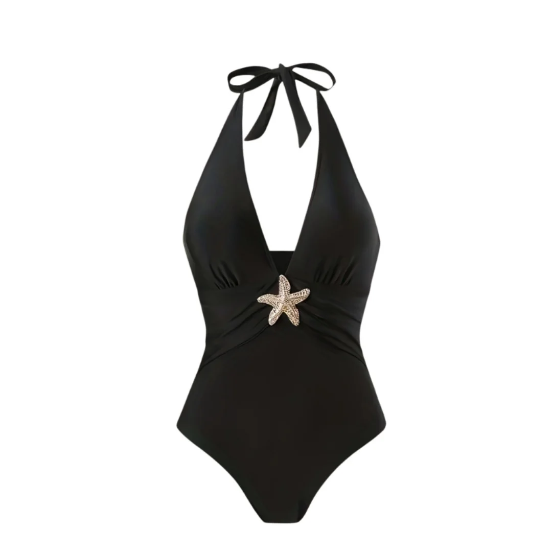 S - XL Neu mit Rock, tiefer V-Ausschnitt, Neckholder, einteiliger Badeanzug, Damen-Bademode, gepolsterter Badeanzug mit Seestern-Motiv, Badeanzug, Schwimmanzug V7977 – Detail 4