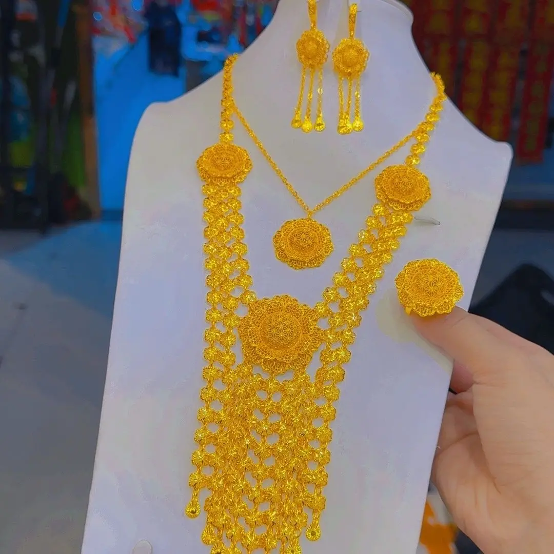 Dubai New 24K Gold Plated Necklace, Earrings, Rings, Romantic Party for Women, Gift for Mothers, Jewelry Set YY10558