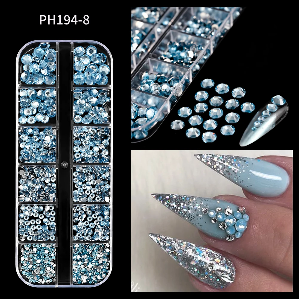 12Grids SS6-SS30 Mixed Nail Rhinestones Shiny Clear/Gold/Pink/Blue Diamond Flat-back Nail Gems Glass Stones Nails Decoration