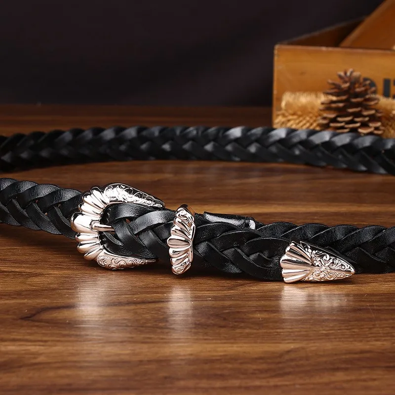 The leather top layer hand-woven belt women's design sense niche fashion casual and high-end