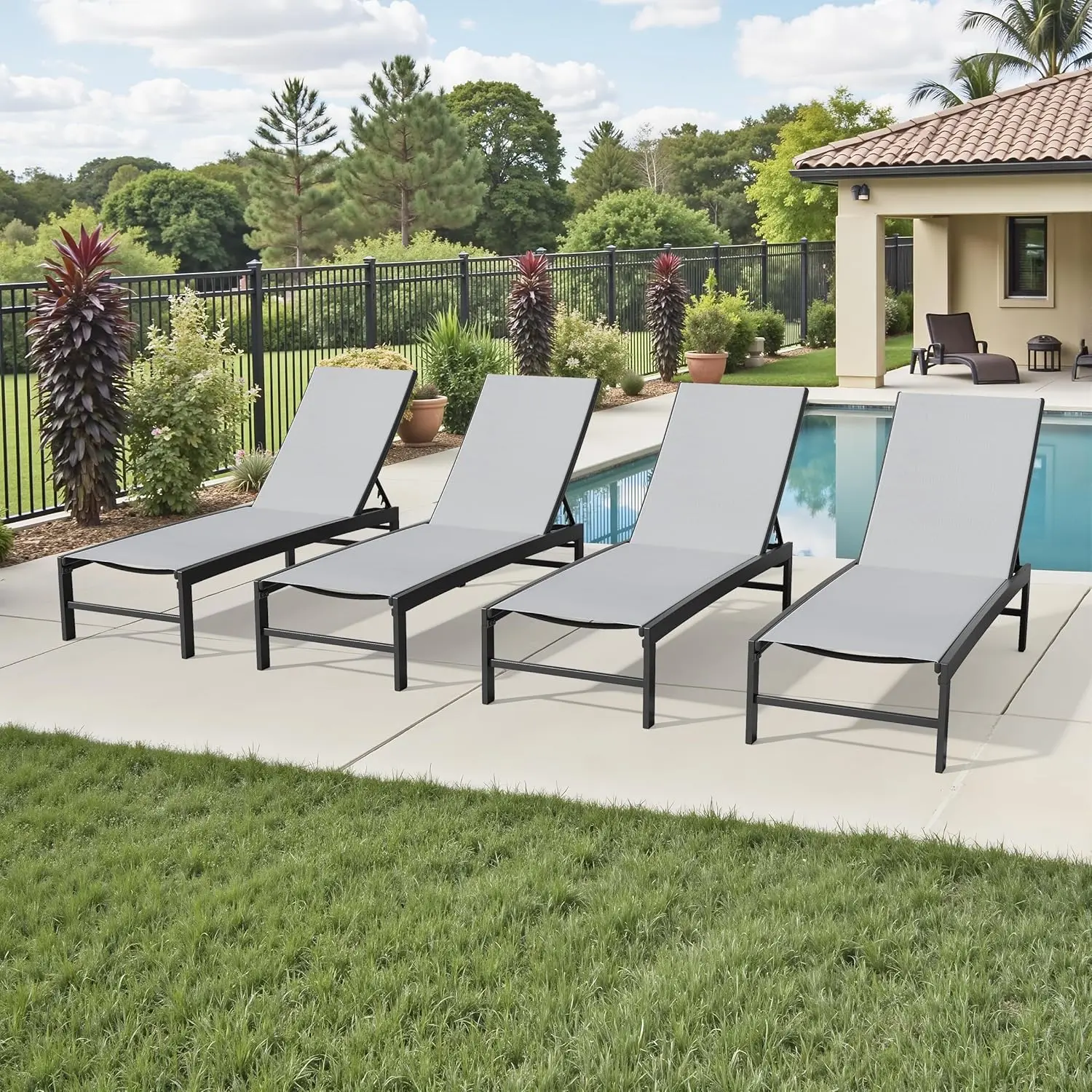 

Adjustable 5-Position Outdoor Chaise Lounge Set of 4 Metal All-Weather Recliner for Patio Pool Beach Yard, Customized