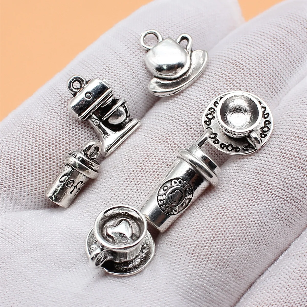 6pcs Antique Silver Color Coffee Charms Collection For DIY Jewelry Making, 6 Styles, 1 of Each