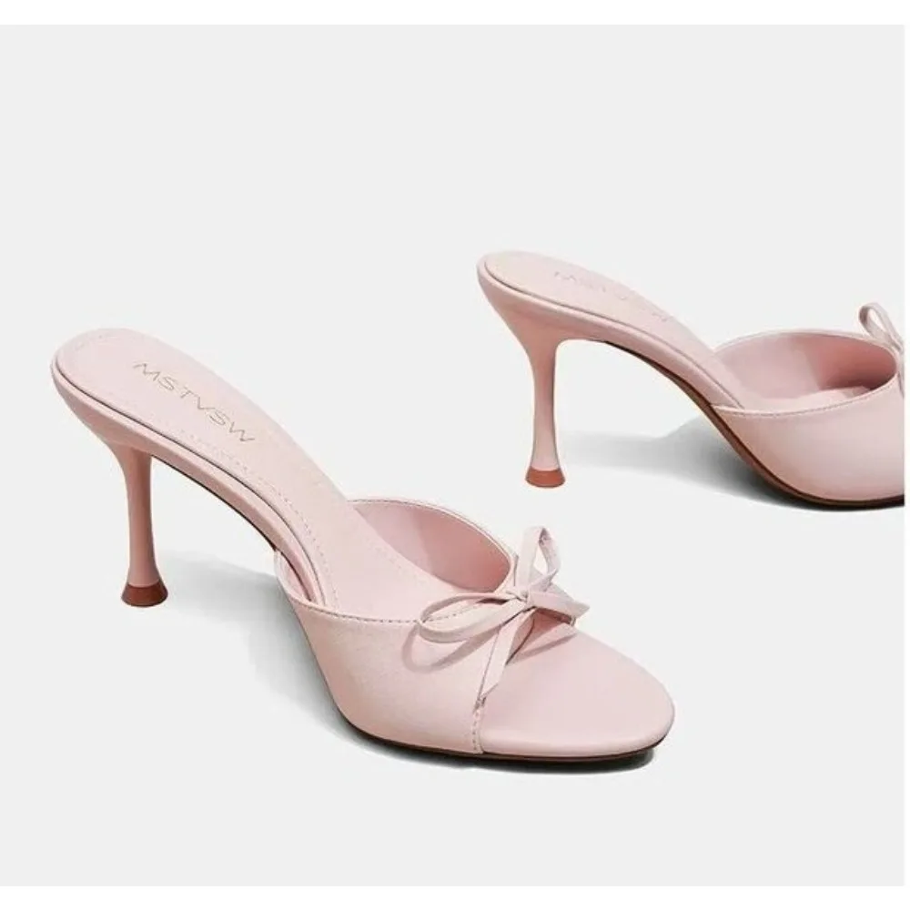 Neue Sommerliche Einfarbige Damen-Party-Kleiderpantoffeln Modische Schleife Offene Zehen Stiletto-Absätze Outdoor-Shopping Damensandalen
