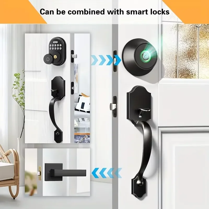 Matte Black Zinc Alloy Front Door Handle Set with Flippable Inner Tie Rod for Residential Security Entrance Heavy Duty Lock
