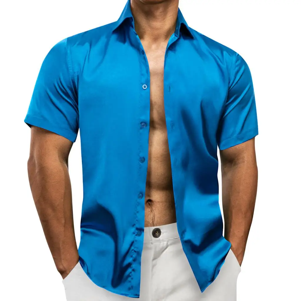 Barry Wang Short Sleeeve Shirts for Men Summer Silk Solid Satin Silver Gold Teal Red White Black Green Blue Pink Slim Fit