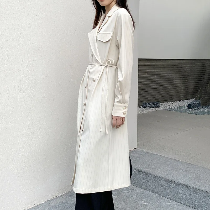 French Style Temperament Retro Design Lace-up Coat Autumn New Tailored Collar Long Striped Figure Flattering Trench