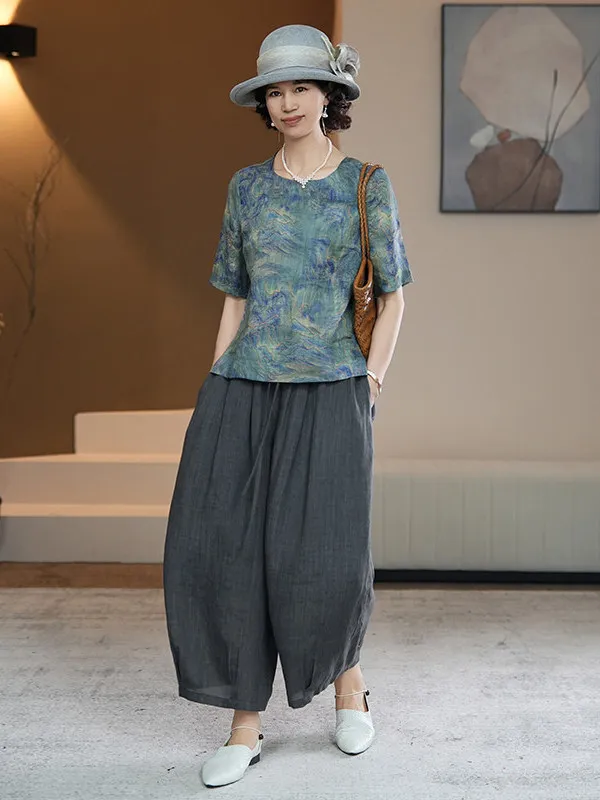 

Summer 2026 Loose Mommy Style Floral Print Top And Wide Leg Pants Set Women's Fashion Casual Wear Brand Tagless Clothing Set