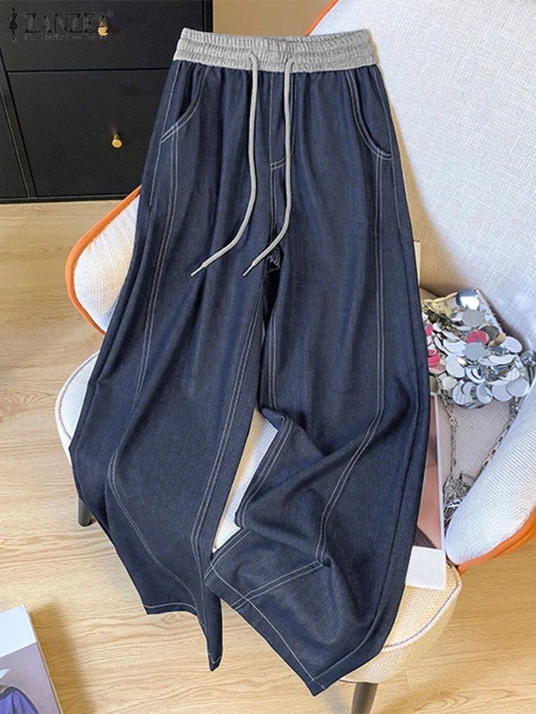 ZANZEA Damskie jeansowe spodnie z szerokimi nogawkami 2025 Casualowe kieszenie Elastyczna talia Długie spodnie Moda Plisowane sznurowane spodnie Luźne spodnie