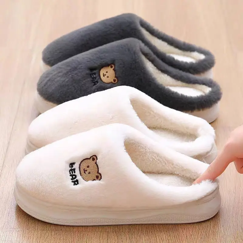 

Cute Cartoon Bear Warm Slippers Winter Plush Shoes Furry Slides Couples Lovely Comfortable Non-Slip Slipper Soft Floor Flats