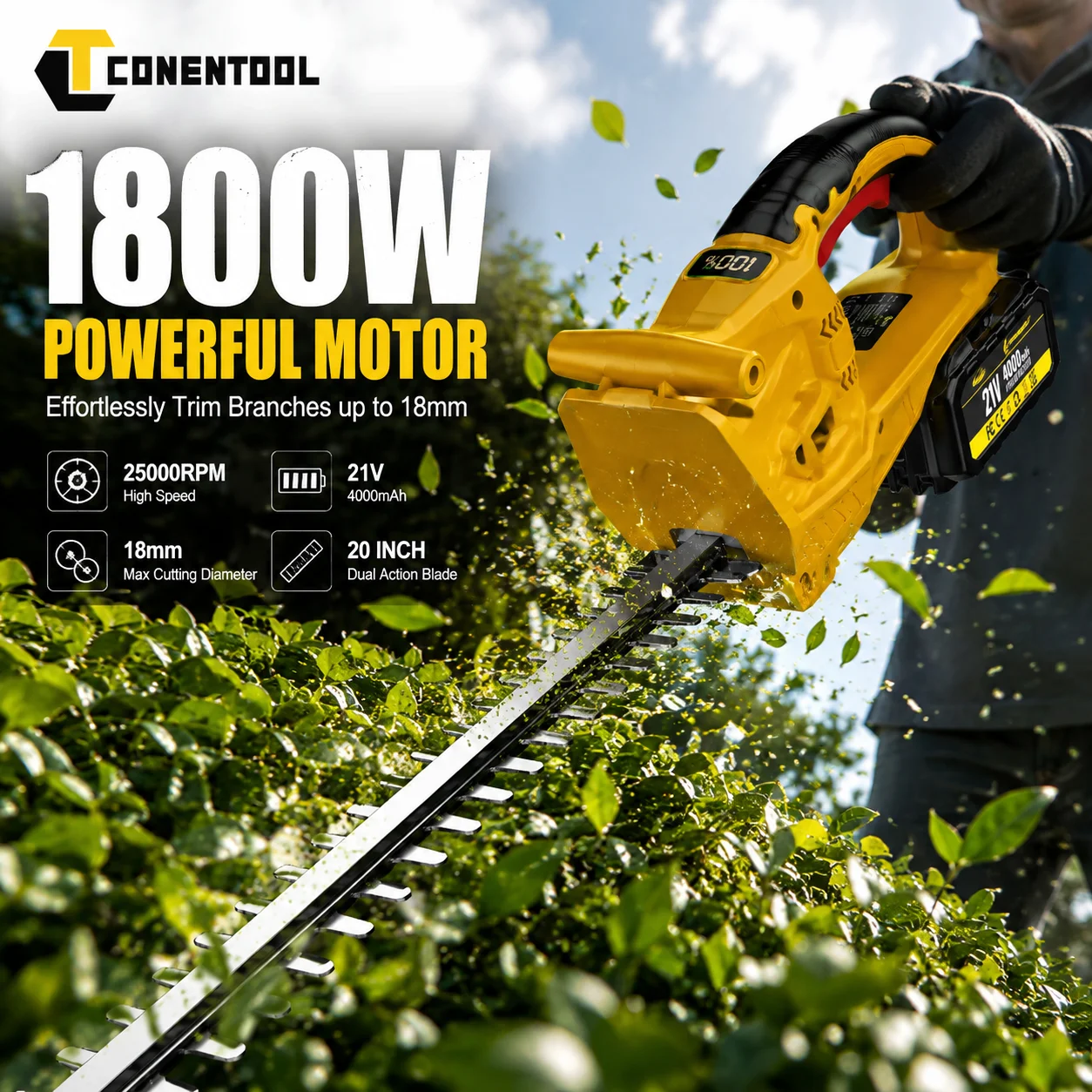 CONENTOOL 21V Professioneller kabelloser elektrischer Heckentrimmer, 52,5 cm Schnittlänge, 18 mm Schnittkapazität, kabelloser Heckentrimmer mit 2x 4,0Ah Akkus & Schnellladegerät, leichte Gartenschere