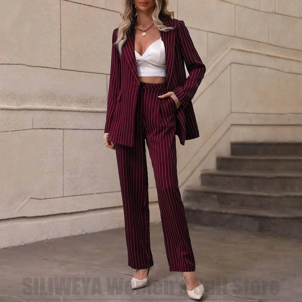

Бордовый полосатый женский костюм на одной пуговице, повседневный офисный стильный пиджак из двух предметов с брюками, шикарная рабочая одежда, вечерние женские костюмы