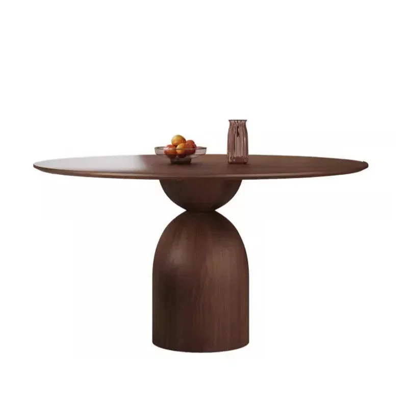 Black walnut round dining table, pure solid wood slate embedded family villa large round table turntable