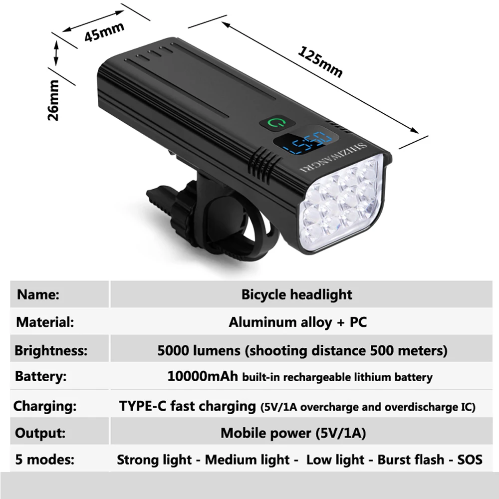 SHIZIWANGRI Bicycle Headlight 12LED High Bright 10000mAh 5000LM Aluminum Shell Battery Display Power Bank Function