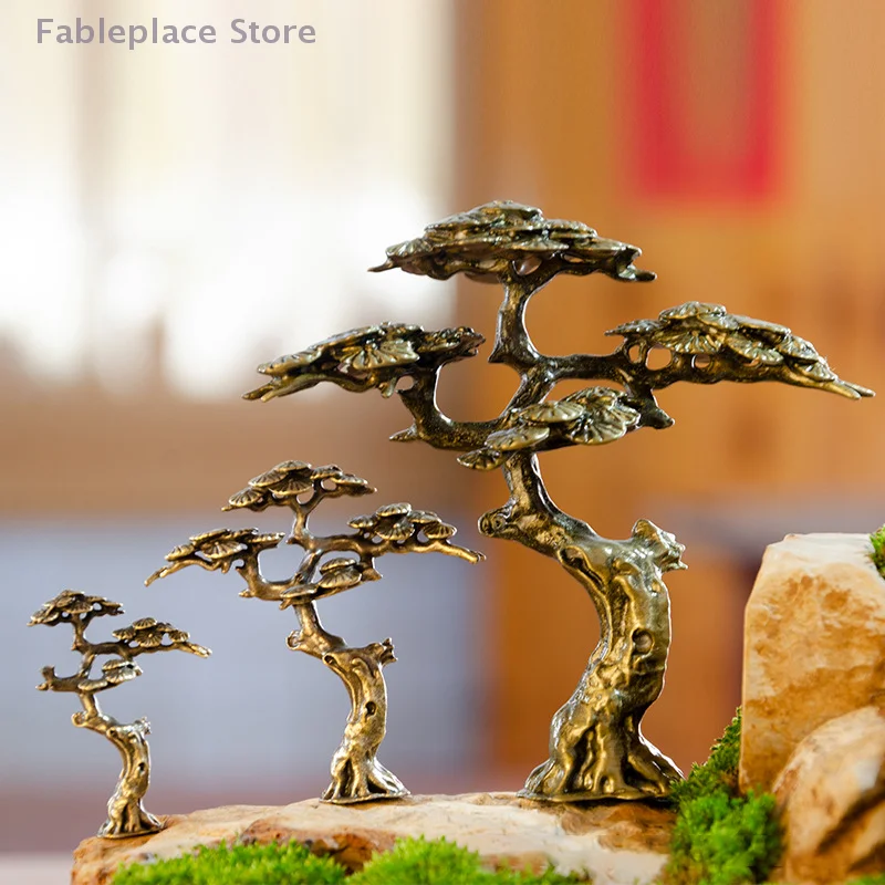 1 Pc Brass Mini Welcome Pine Figurine Tree Miniature Landscape Small Bonsai Tree Statues Decorations Accessories