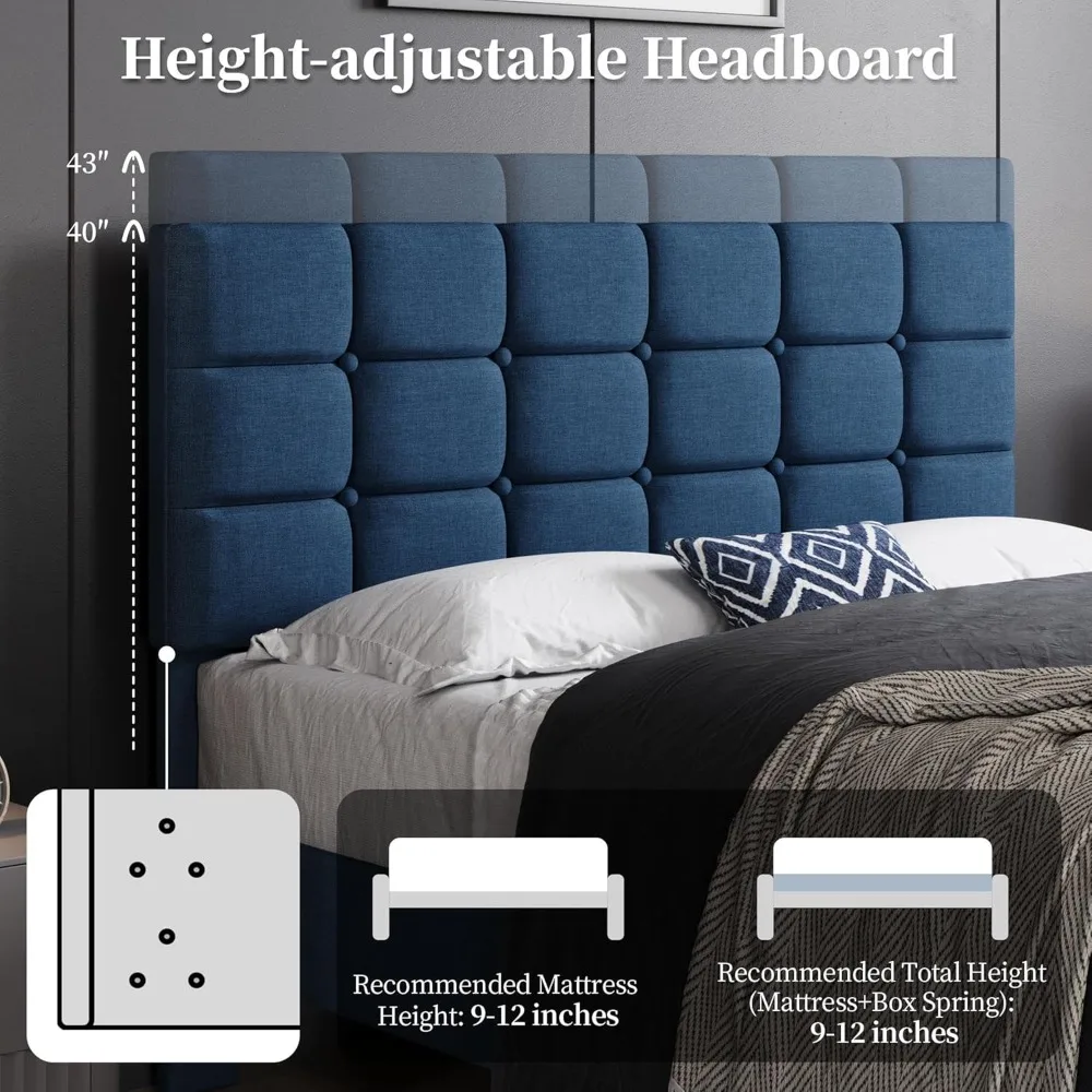 إطار سرير منجد حديث بالحجم الكامل مع لوح رأسي مربع وخياطة وأزرار، سرير بمنصة قابلة للتعديل في الخشب #5